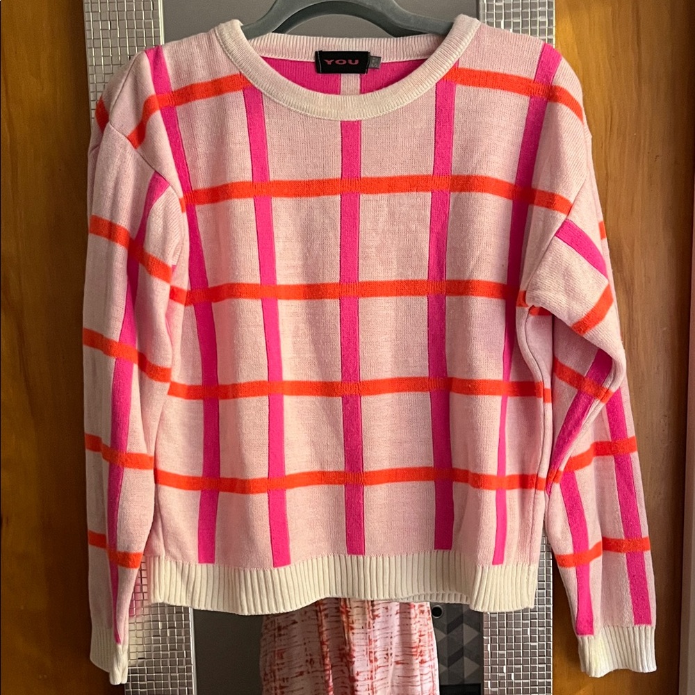 Pink and Orange Plaid Women's Crew Neck Sweater